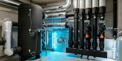 Ein moderner Technikraum mit einem großen schwarzen Wassertank und mehreren Rohren, die an der Wand verlaufen.